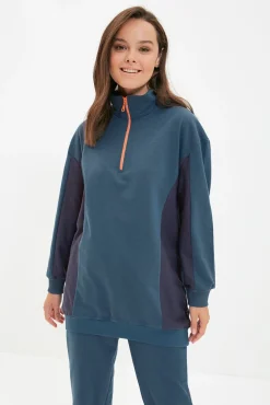 Trendyol Macacões-Fato de treino azul petróleo com fecho-éclair, gola alta e baixo franzida verde