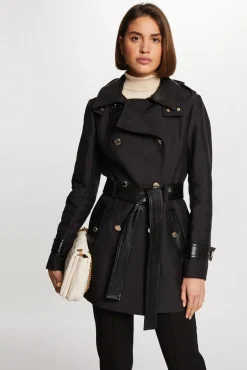 Morgan Gabardines|Sobretudos-Gabardina com couro sintético Preto