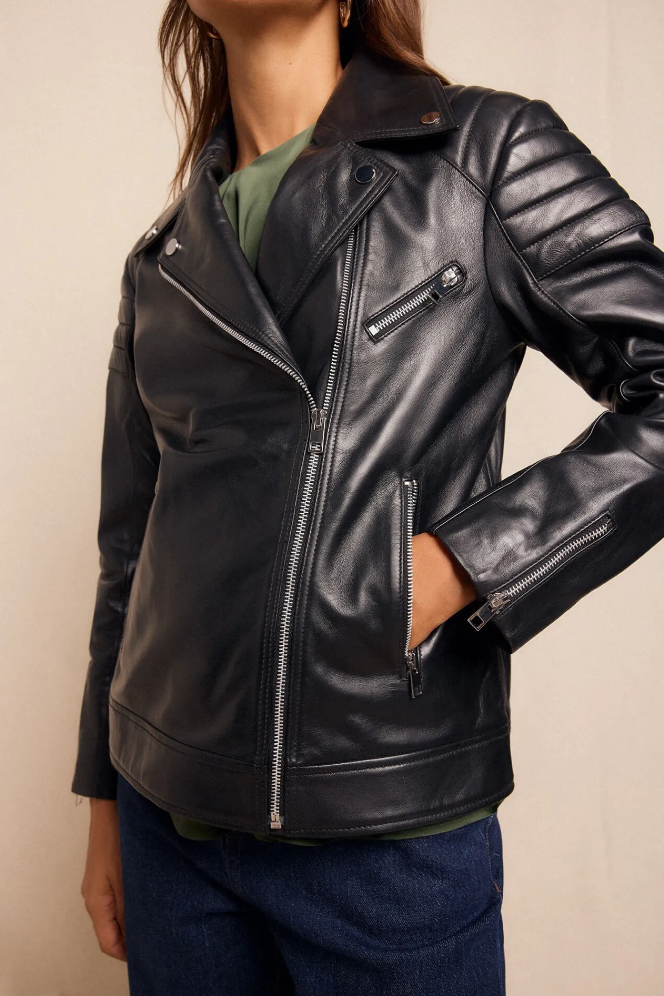 Slowlove Sobretudos-Jaqueta biker em napa com acolchoamento nos ombros Preto