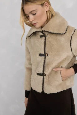 Pedro del Hierro Sobretudos|Casacos-Jaqueta de pele com fecho de pressão Ecru