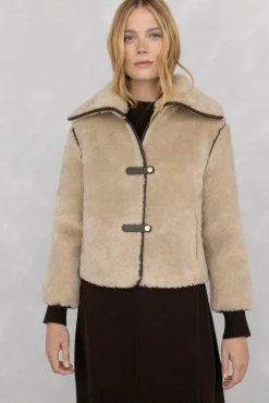 Pedro del Hierro Sobretudos|Casacos-Jaqueta de pele com fecho de pressão Ecru