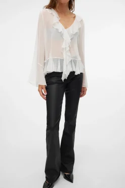 Vero Moda Jeans|Calças-Jeans largos femininos com efeito polipele Preto