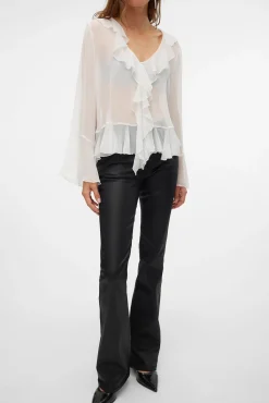 Vero Moda Jeans|Calças-Jeans largos femininos com efeito polipele Preto