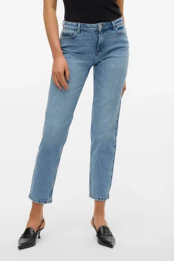 Vero Moda Jeans|Calças-Jeans retas de cintura média Azul