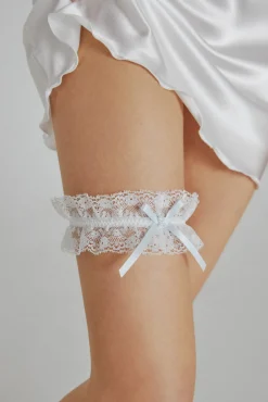 Ivette Bridal Roupa Interior-Liga bordada com laçada em branco bege