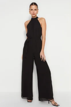 Trendyol Macacões|Vestidos-Macacão longo de chiffon preto