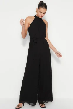 Trendyol Macacões|Vestidos-Macacão longo de chiffon preto