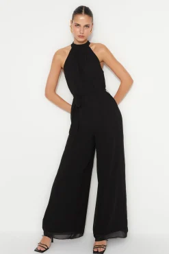 Trendyol Macacões|Vestidos-Macacão longo de chiffon preto