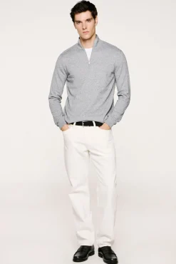 Selected Camisolas-Malha 100% camisola com meia fecho-éclair . Cinzento