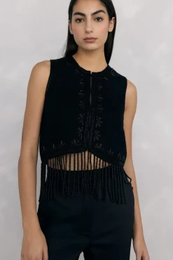 Pedro del Hierro Coletes-Malha de colete com franjas bordado Preto