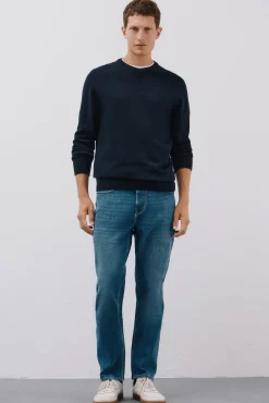 Cortefiel Camisolas-Malha de gola redonda de algodão de malha fina Azul