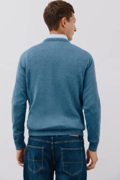 Cortefiel Camisolas-Malha de gola redonda de algodão de malha fina Azul