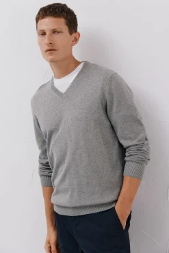 Cortefiel Camisolas-Malha de malha fina de algodão com gola em bico Cinzento