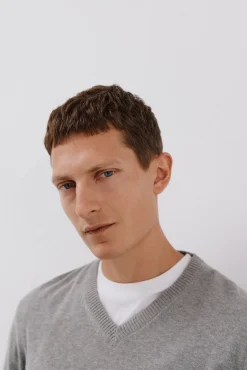 Cortefiel Camisolas-Malha de malha fina de algodão com gola em bico Cinzento