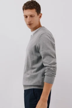 Cortefiel Camisolas-Malha de malha fina de algodão com gola em bico Cinzento