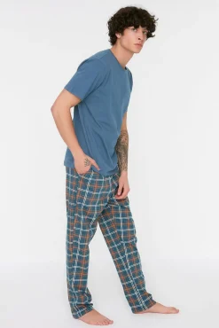 Trendyol Pijamas-Malha de pijama de malha xadrez marinho com corte regular azul
