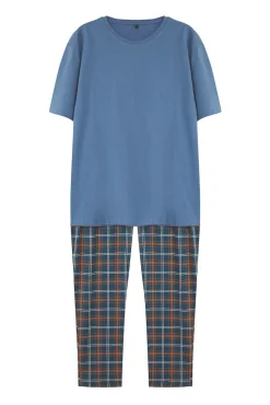Trendyol Pijamas-Malha de pijama de malha xadrez marinho com corte regular azul