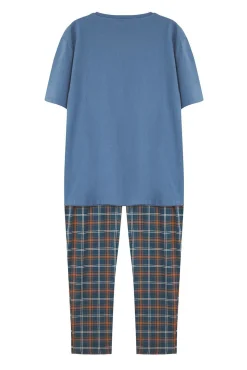 Trendyol Pijamas-Malha de pijama de malha xadrez marinho com corte regular azul