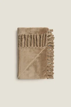 Textura Cobertores-Manta de polar com franjas castanho