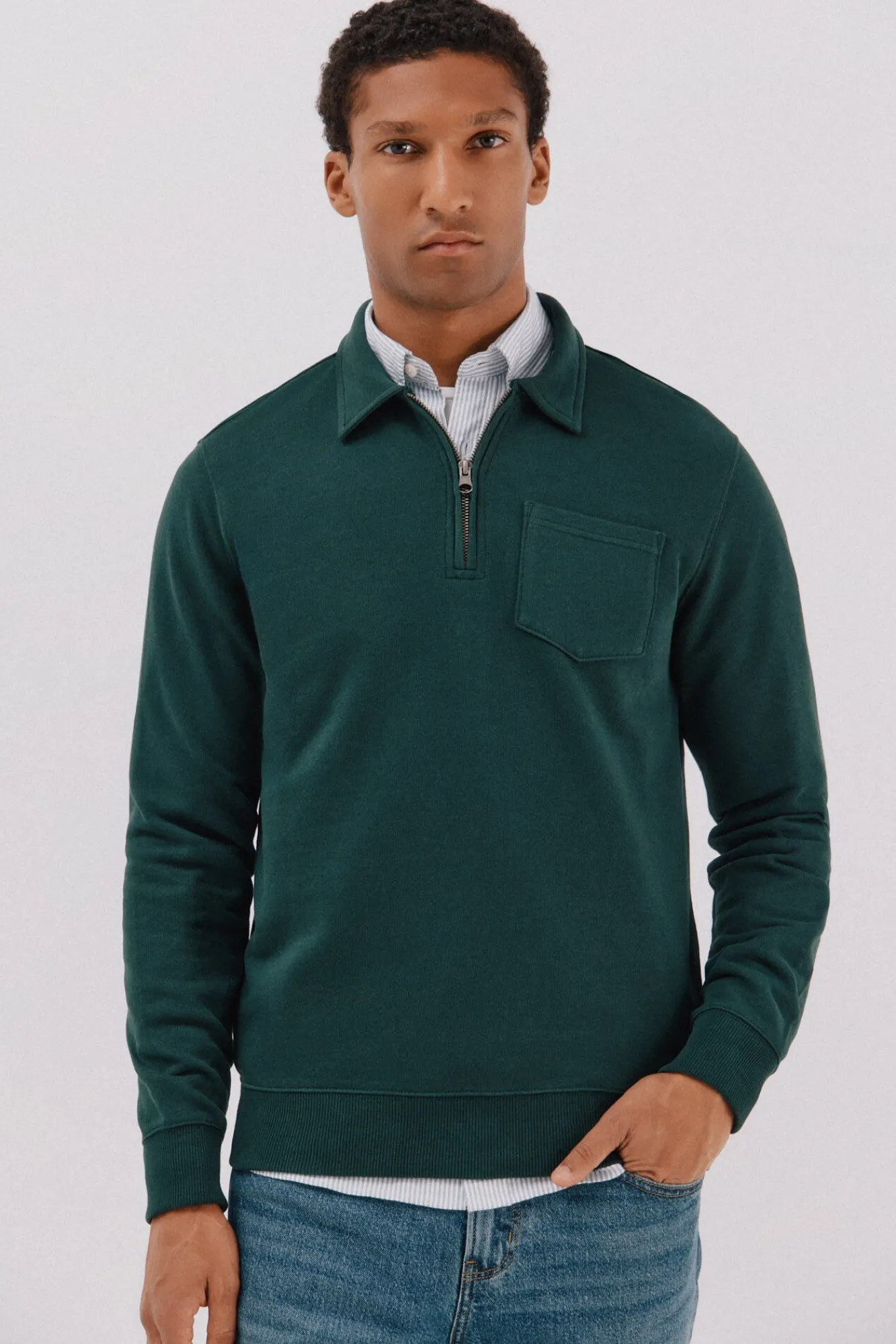 Cortefiel Sweatshirts-Moletom gola polo com fecho-éclair Verde
