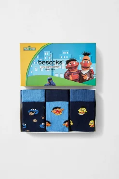 Besocks Meias|Meias-Pacote de 3 pares de meias de algodão orgânico SESAME STREET estampado