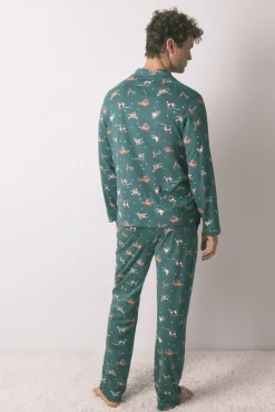 Women'secret Pijamas-Pijama camisa com estampado com cães 100% algodão verde