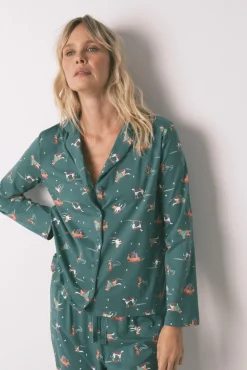 Women'secret Pijamas-Pijama camisa com estampado com cães, 100% algodão verde