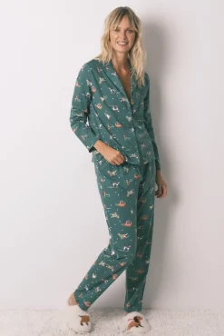 Women'secret Pijamas-Pijama camisa com estampado com cães, 100% algodão verde