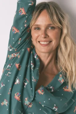 Women'secret Pijamas-Pijama camisa com estampado com cães, 100% algodão verde