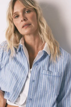 Women'secret Pijamas-Pijama camisa às riscas, 100% algodão azul