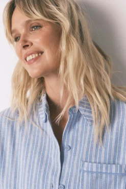 Women'secret Pijamas-Pijama camisa às riscas, 100% algodão azul