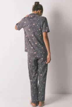 Women'secret Pijamas-Pijama camiseiro 100% algodão cinza com estampado astral cinzento