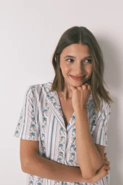 Women'secret Pijamas-Pijama camiseiro capri riscas 100% algodão bege