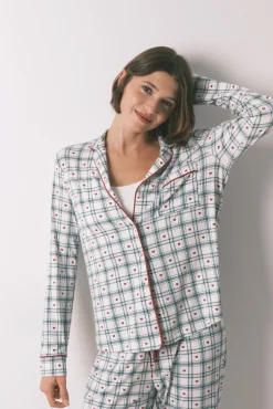 Women'secret Pijamas-Pijama camiseiro com xadrez verde estampado