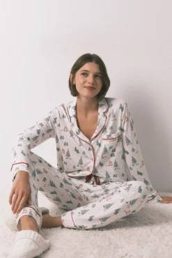 Women'secret Pijamas-Pijama camiseiro com estampado de Natal branco bege