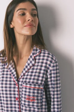 Women'secret Pijamas-Pijama camiseiro comprido malha suave xadrez azul