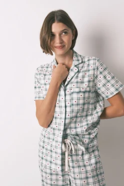Women'secret Pijamas-Pijama camiseiro de algodão xadrez verde