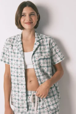 Women'secret Pijamas-Pijama camiseiro de algodão xadrez verde