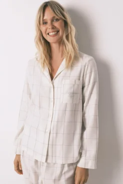 Women'secret Pijamas-Pijama camiseiro de flanela de algodão branca com estampa xadrez bege
