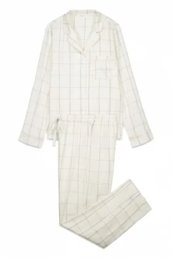 Women'secret Pijamas-Pijama camiseiro de flanela de algodão branca com estampa xadrez bege