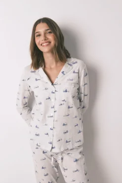 Women'secret Pijamas-Pijama camiseiro longo 100% algodão cinza com estampa de casa cinzento