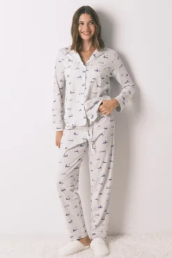 Women'secret Pijamas-Pijama camiseiro longo 100% algodão cinza com estampa de casa cinzento