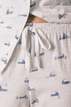 Women'secret Pijamas-Pijama camiseiro longo 100% algodão cinza com estampa de casa cinzento