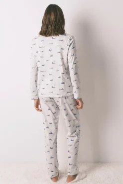 Women'secret Pijamas-Pijama camiseiro longo 100% algodão cinza com estampa de casa cinzento