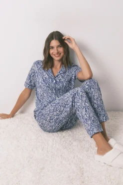 Women'secret Pijamas-Pijama camiseiro longo 100% algodão com estampa floral azul