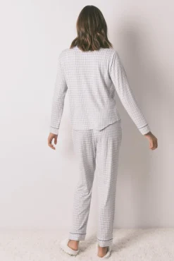 Women'secret Pijamas-Pijama camiseiro longo xadrez com efeito brilhante azul