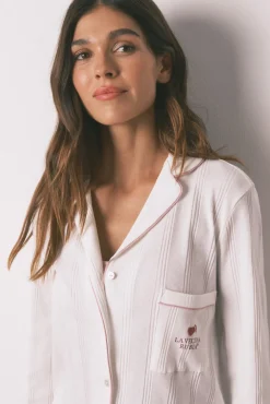 Women'secret Pijamas-Pijama camiseiro riscas branca bege