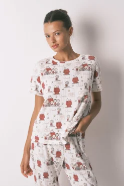 Women'secret Pijamas-Pijama Capri Canelado Cinza Snoopy cru