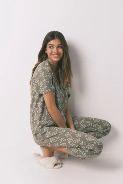 Women'secret Pijamas-Pijama capri de viscose com flores cáqui bege