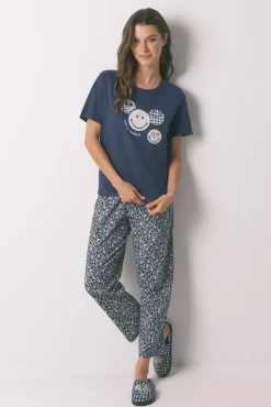 Women'secret Pijamas-Pijama Capri Smiley 100% algodão azul